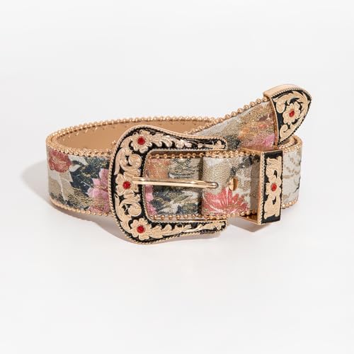 Multi-color Retro Palace Style Ruby Engraved Metal Buckle Women's Belt with Embroidered Pattern for Jeans Dresses Gifts