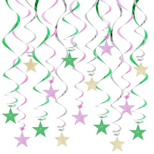 Image of BEISHIDA Green Pink Glitter Stars Hanging Swirls Pre-Strung Hanging Ornament Decorations for Baby Shower Wedding Witch Theme Birthday Party Decorations,Pack of 15