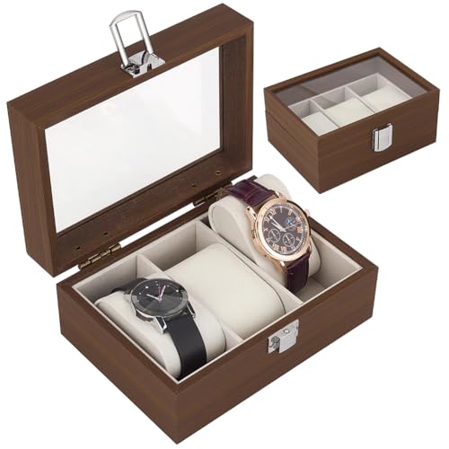 Compact 3-slot wooden travel watch box
