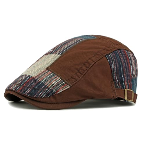 Image of Cotton Newsboy Cap, Breathable Ivy Gatsby Cabbie Beret Hat for Men's Women Driving Hunting Golf, Patchwork Coffee