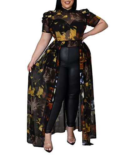 Atyfuniby Women's Plus Size High Low Tops Blouse Puff Short Sleeve Mesh See Through Maxi Tunic Shirt Dresses