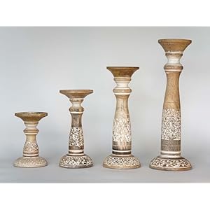 Traditional White Wash Eco Friendly Handmade Mango Wood Set of Four 6912 15 Pillar Candle Holder
