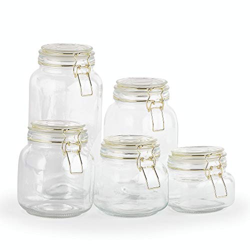 Vonshef Set Of 5 Clip Top Glass Storage Preserving Jars - With 10 Reusable Stickers & 1 Anti-Dust Chalk #TOP7