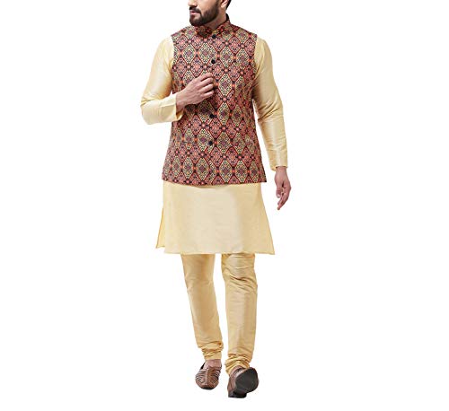 Image of SOJANYA (Since 1958 Men's Silk Blend Gold Kurta Pyjama & Printed Nehrujacket Combo