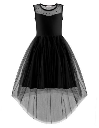 Arshiner Girls Dresses Formal Party Wedding Tulle Sleeveless Contrast Mesh High Low Dress with Belt