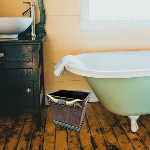 Image of BestGiftEver Rustic Decorative Storage Bin | Southwestern Tooled Leather-Designed Wastebasket with Faux Horns | Unique Trash Bin Ideal for Native American Themed Enthusiasts