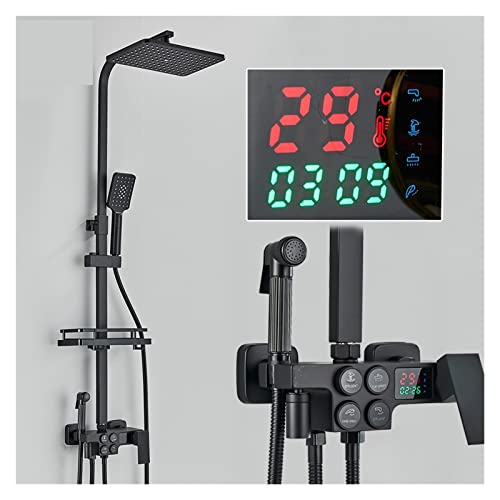 Juego de columna de ducha LCD negra con termómetro táctico, cabezal de ducha de lluvia con estante de baño, pantalla eléctrica de temperatura del agua, grifo mezclador para bañera