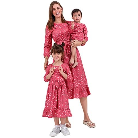 Mommy and Me Dresses Plaid Polka Dot Midi Ruffle Dress Self Tied Belt Fall Winter Casual Mom Daughter Matching Outfits, Pink Polka Dots, 18-24 Months Cover