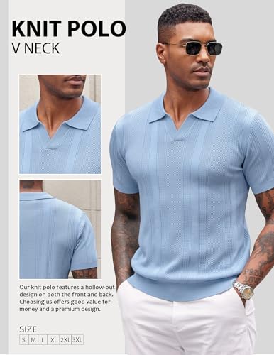 Image of COOFANDY Mens Knit Polo Shirts V Neck Textured Polo Shirts Short Sleeve Breathable Polo Casual Collared T Shirt Fashion Tops