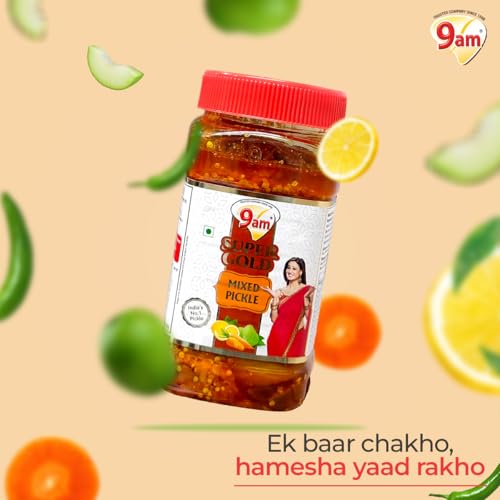 Image of 9AM Mixed Pickle 450gm (Pack of 1) | Homemade Achaar | No Added Preservatives & Additives | Chatpata Achar | Ready to Eat | Mixed Pickles with Storage Jar