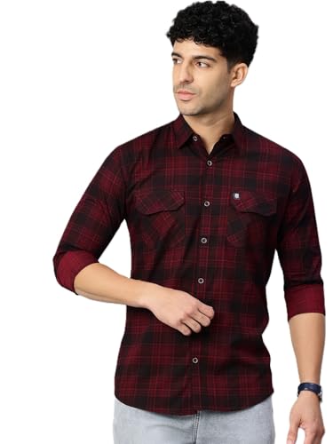 Image of Majestic Man Men's Pure Cotton Cargo Checkered Shirt with Dual Flap Pockets - Slim Fit | Full Sleeve | Casual Wear | Trendy & Comfortable