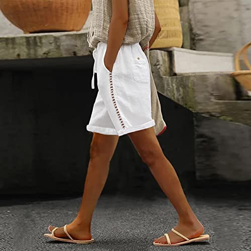 Biker Shorts Women,Cotton Linen Bermuda Shorts For Women Elastic High Waist Solid Color Cargo Shorts Comfy Summer Sweat Shorts With Pockets High Waisted Shorts Women White L #TOP1