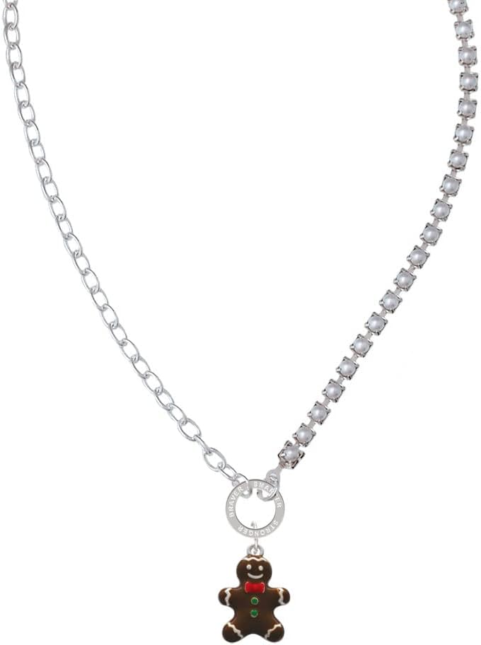 Delight Jewelry Enamel Gingerbread Boy Stronger Braver Smarter Mixed Cable and Imitation Pearl Chain Choker Necklace, 14.75-17"
