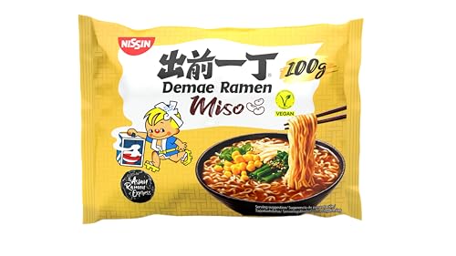 NISSIN Demae Ramen – Miso, Einzelpack, Instant-Nudeln japanischer Art, mit Miso-Geschmack und asiatischen Gewürzen, vegan, schnell und einfach zubereitet, asiatisches Essen (1 x 100 g)
