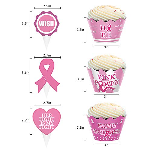 96pcs Breast Cancer Awareness Cupcake Topper Wrapper Party Supplies Pink Ribbon Win