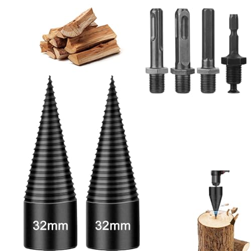 FENGCHUANG 2 pcs Fendeuse de Bûches 32mm Fendeuse à Bois Perceuse,Tige Conique Pour Fendeuse à Bois,Durable Conique en Acier, Foret à Bois pour Machine à Bois de Chauffage Avec 4 Poignées
