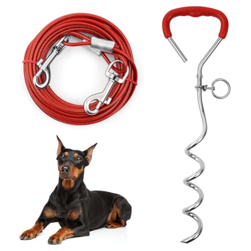 Aomig Anclaje de Suelo para Perro 40cm, Estaca para Perros Pequeño a Mediano, 6m Cable de Amarre, Inoxidable Espiral Anclaje de Tierra, Ideal para Patios Campings y Parques