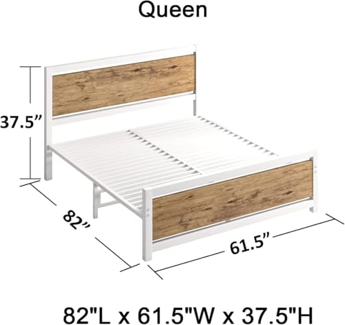 Image of Catrimown Queen Bed Frame with Headboard, Queen Metal Platform Bed Frame with Steel Slat Support, 10.5 in Under Bed Storage, No Box Spring Needed, Easy Assembly, White Brown
