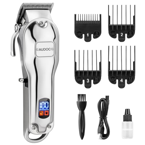 AUDOC Professional Cordless Hair Clippers for Men, Rechargeable LED Display Mens Beard Trimmer Full Metal Body Low Nosie Home Barber Hair Cutting Kit Set for Men/Kids