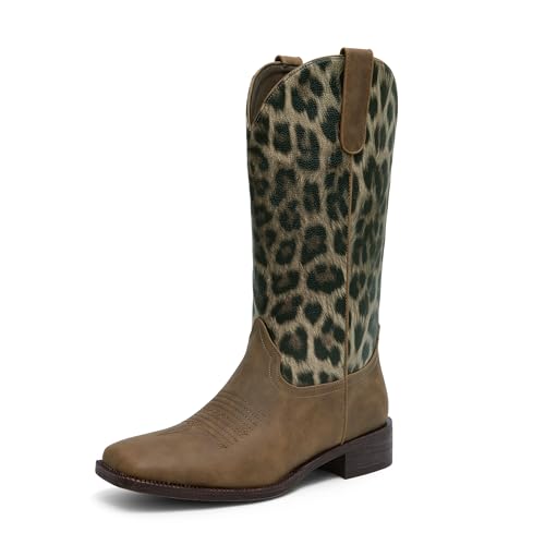 iiimmu Cowgirl Boots Mid Calf Boots Square Toe Chunky Low Heel Leopard Print Western with Embroidered Design Saddle 9