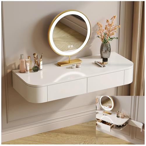 Image of Floating Makeup Vanity Table with 2 Side-Open Storage Doors, Space-Saving Dressing Table with Drawers, Wall Mounted Floating Desk with Rounded Corners for Small Space Bedroom (White, 39.3in)