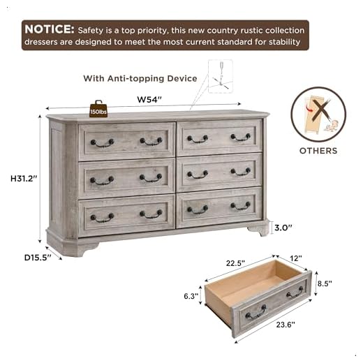 Farmhouse 6-Drawer Dresser for Bedrooms