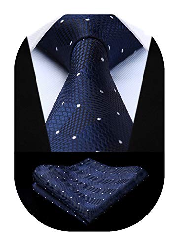 HISDERN Plaid Polka Dots Tie Handkerchief Woven Classic Check Men's Necktie & Pocket Square Set Navy Blue