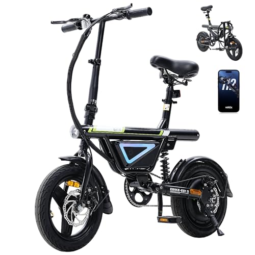 Finbike E Bike klapprad für Herren und Damen, 14 Zoll Elektrofahrräder mit APP-Steuerung, 36V 12Ah Akku Electric Bike mit anpassbarer LED, 50KM Reichweite & 25KM/H Geschwindigkeit, Aluminium-Motor