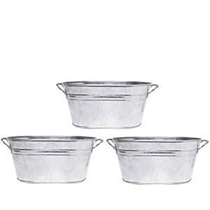 Hosley Set of 3 Galvanized Oval Planters 8 Inches Long with Handles, Rustic Charm for Floral Arrangements Indoor and Outdoor Gardening D cor