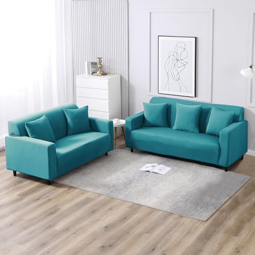 Image of HOKIPO Printed 5 Seater Fully Covered Sofa Cover in 3 Seater and 2 Seater Configuration, Dark Cyan (AR-4278-E7 + AR-4279-E7)