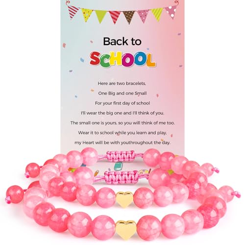 Image of Mommy and Me Preschool Pre-K First Day of School Bracelet Mother Daughter Matching Beaded Heart Bracelets Set Back to School Jewelry Gifts