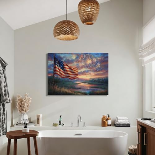 Image of RIBNTAK 4th of July Canvas Art - Vibrant American Flag & Fireworks, Patriotic Wall Art for Independence Day, Perfect for Living Room, Office, Holiday Decorations and Inspirational Artwork