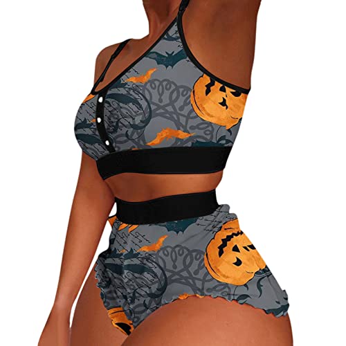 MNRIUOCII Ensemble de vêtements de nuit sexy pour femme - Imprimé cœur - Pyjamas sans manches - Cami - Lingerie sexy - Slim - Ensemble de vêtements de nuit - Avec pantalon, gris foncé, XL
