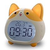AVEKI Alarm Clocks for Kids - Cute Dog Clock with Night Light, 6 Alarm Tones, Snooze, Timer, Date and Temperature Display - Rechargeable Battery Operated Digital Clocks for Bedroom Kids Room (Corgi)