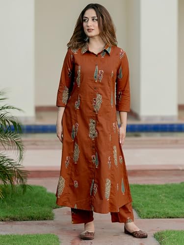 Image of Arayna Women's Pure Cotton Printed A-Line Kurta Set with Pants | Button-Down Collar Kurta