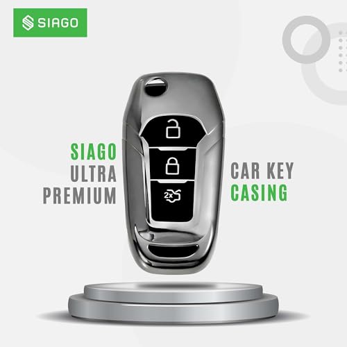 Image of SIAGO Premium TPU Car Key Cover and Metal Keychain Compatible with Endeavour, Figo Aspire, Freestyle 2017, 2018, 2019 3 Button Flip Key (Grey)