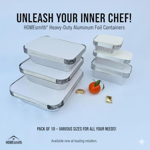 HomeSmith 10 Pack Aluminium Foil Trays with Lids Containers Strong and Large Tin Foil Food Take Away Container Disposable Food Take Out Box with Lid|2 Litre |, Silver