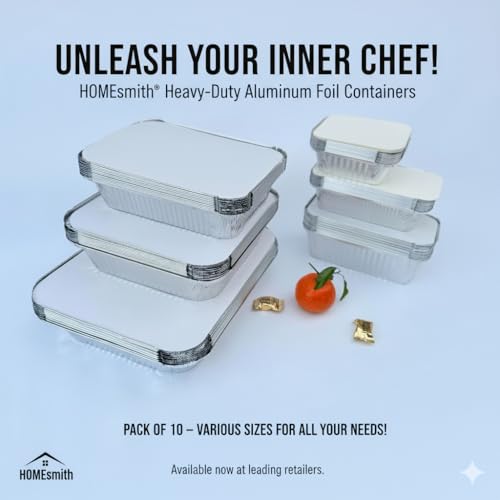 HOMESmith 10 Pack Aluminium Foil Trays with Lids Containers Strong and Large Tin Foil Food Take Away Container Disposable Food Take Out Box with Lid|3 Litre |, Silver