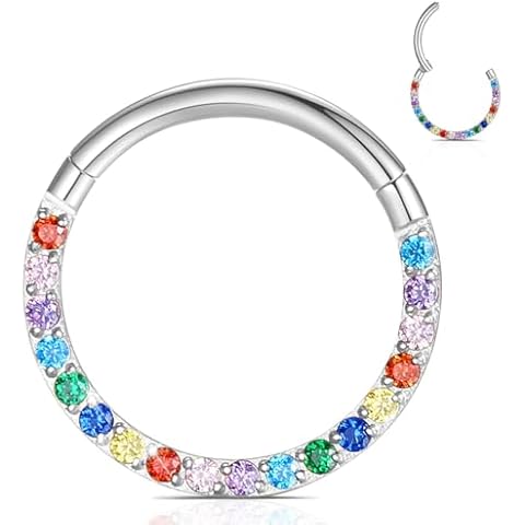 Silver Septum Rings Hoops 14G: 316L Surgical Steel 8 MM Hinged Colored CZ Nose Rings Hoops for Women Cartilage Earrings Conch Helix Daith Piercing Jewelry Rook Tragus Lobe Hoop Cover