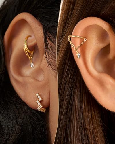 COCHARM 16g Titanium Dangle Chain Helix Earrings Gold Dangling Rook Hoop Piercing Jewelry, 8mm Dangly Chain Gold Helix Ring Surgical Steel Rook Earring for Women Men2