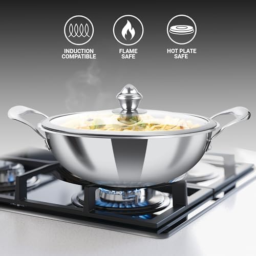 Image of MILTON Pro cook Induction Cookware & Gas Stove Friendly Triply Stainless Steel Hexa Tech Honeycomb Kadhai with Glass Lid 30cm | GREBLON C3+ Non-Stick Coating | Metal Spoon Friendly | 3Y Warranty