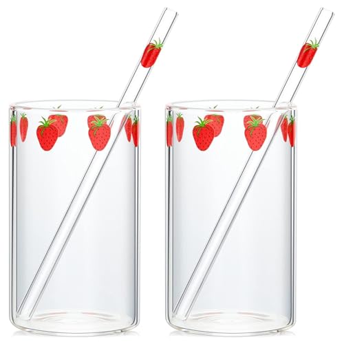 Smeleyou Vaso De Vidrio De Fresa Con Pajita 2 Juegos De Vasos De Fresa De Vidrio De Alto Borosilicato Para Mujeres Y Niñas Vasos Multiusos Para Jugo De Leche