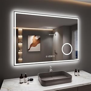 Dripex Badspiegel mit Beleuchtung Led Spiegel mit 3-Fach Schminkspiegel, Uhr und Steckdose, Dimmbar, 3 Lichtfarbe Einstellbare Badezimmerspiegel mit Beleuchtung, Beschlagfrei 70 x 100 cm