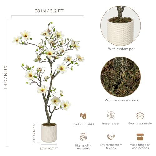 5FT Faux Magnolia Plants Artificial Flower Trees Fake Plants For Yard Patio Home Office Arrangement Decor Indoor Outdoor Artificial Magnolia Tree Inc. 120 Realisc Flowers Vivid Leaves Mosses White Pot