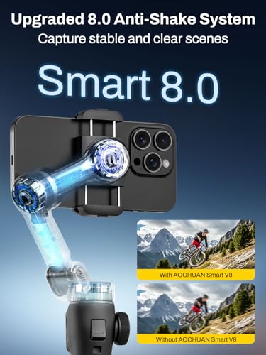Image of AOCHUAN Gimbal Stabilizer for iPhone w /Bluetooth Remote, 3-axis Phone Stabilizer w /7.8 inch Extension Rod, AI Face Tracking Smartphone Gimbal, Gesture Control for Video Shooting - Smart V8 Kit Black