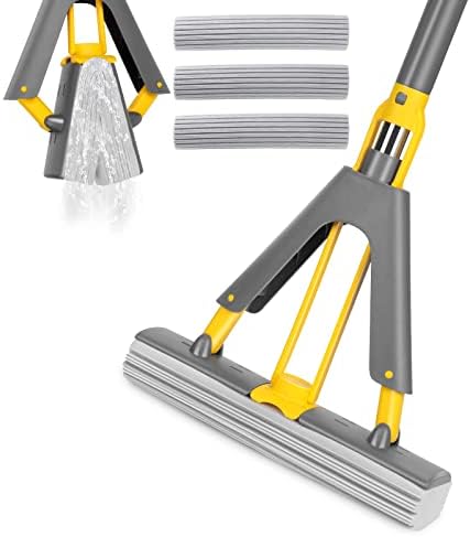 Nolopau Sponge Mop, Roller Sponge Mop, Self Squeeze Sponge Mop, Stainless Steel Handle with 3 PVA Absorbent Mop Head Refills, for Home Commercial Use Tile Floor Bathroom Garage Cleaning…