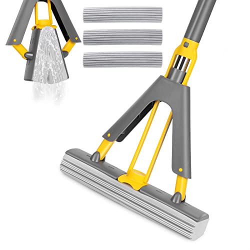 Nolopau Sponge Mop, Roller Sponge Mop, Self Squeeze Sponge Mop, Stainless Steel Handle With 3 Pva Absorbent Mop Head Refills, For Home Commercial Use Tile Floor Bathroom Garage Cleaning… #TOP16