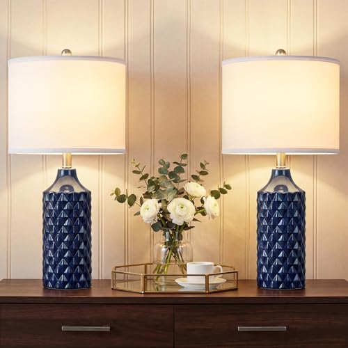 Qingmiao Modern Ceramic Table Lamp Set of 2 - Navy Blue with Diamond Protrusions Texture 25 Nightstand Lamp for Bedroom Living Room 3-Way Dimmable Included