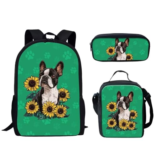 Set di 3 zaini con borsa per libri con termica per il pranzo e matite per bambini in età prescolare Boston Terrier Girasole