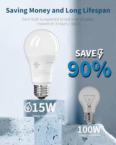 Image of TJOY LED Light Bulbs, 100 Watt Equivalent A19, Daylight Bright White 5000K | 1500 Lumens Bright White, 15W Energy Saving, E26 Standard Base, Non Dimmable Lamp Bulb for Home Bedroom Kitchen, 6 Pack